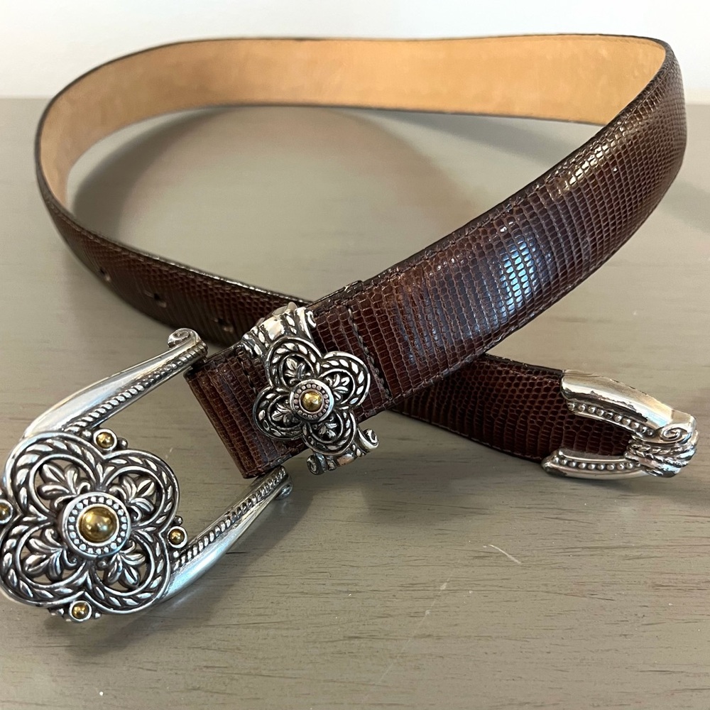 Brighton Belt Brown Embossed Leather Size Medium 30 Silver Gold Hardware 40358 - Picture 1 of 9